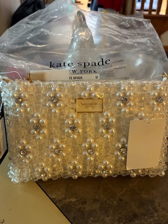kate spade Handbags - kate spade pearl and crystal bead clutch Bridal Bag Zip Flower Beaded NWT